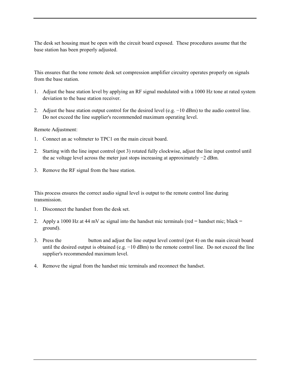 Settings and adjustments, Line (receive audio) input level adjustment, Line output (transmit) level adjustment | GAI-Tronics ITR1000-001 Model ITR1000-001 Basic Tone Remote Deskset with Line Select User and Installation Manual User Manual | Page 18 / 40