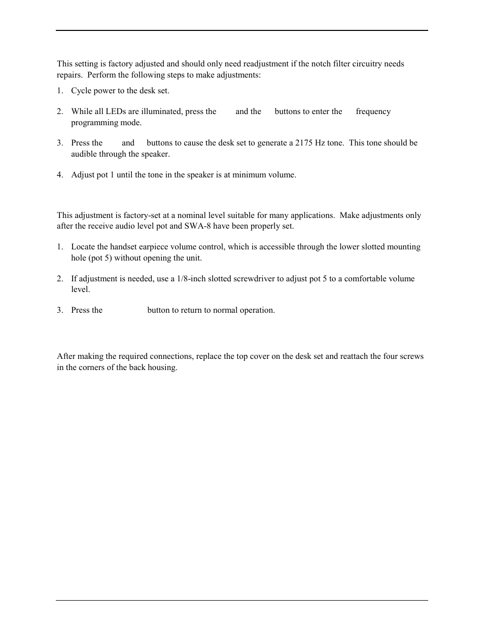 2175 hz filter adjustment, Handset microphone adjustment, Desk set reassembly | GAI-Tronics ITR1000-001 Model ITR1000-001 Basic Tone Remote Deskset with Line Select User and Installation Manual User Manual | Page 20 / 40