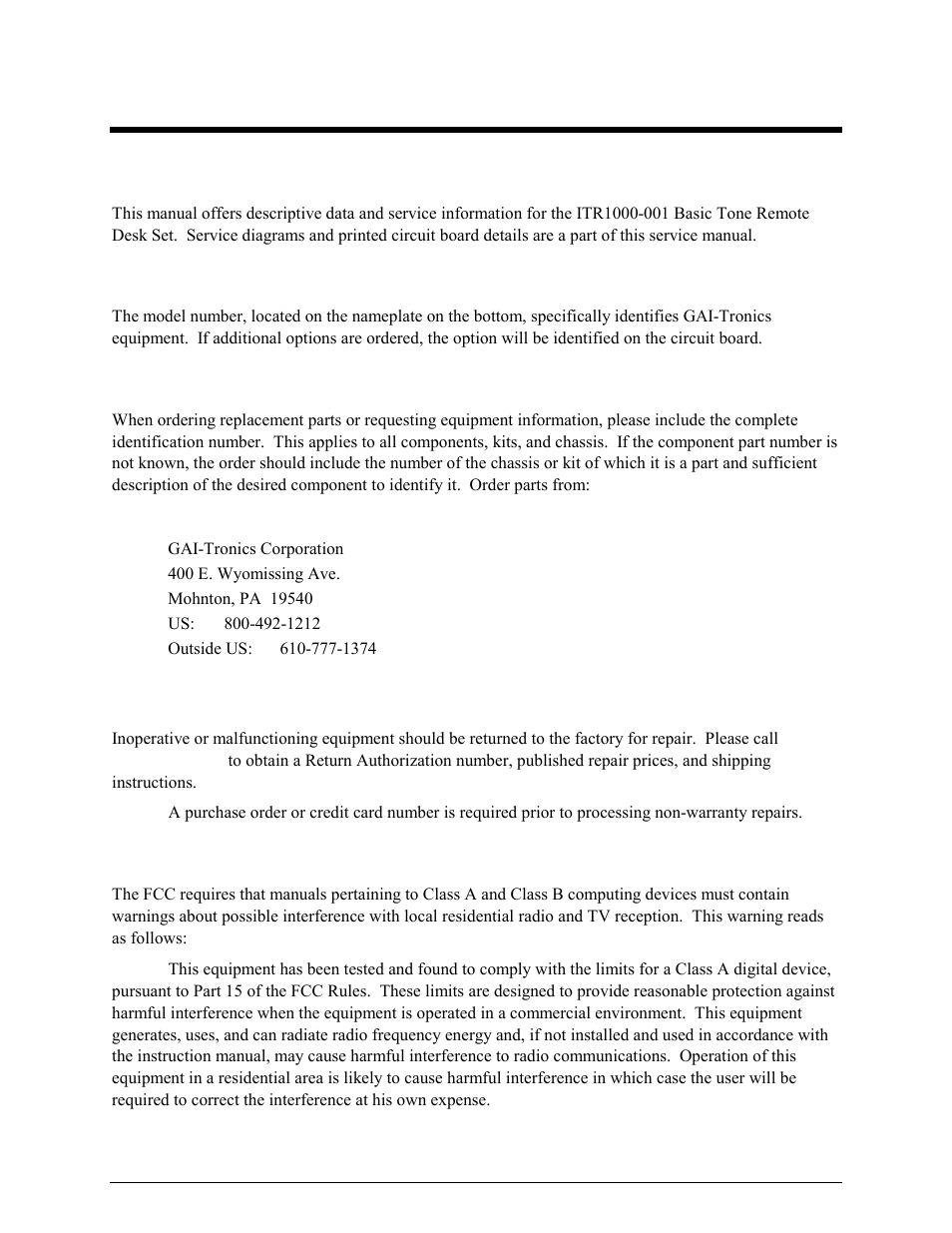 Foreword, Scope of manual, Nomenclature | Ordering replacement parts, Service and repair, Fcc interference warning | GAI-Tronics ITR1000-001 Model ITR1000-001 Basic Tone Remote Deskset with Line Select User and Installation Manual User Manual | Page 5 / 40
