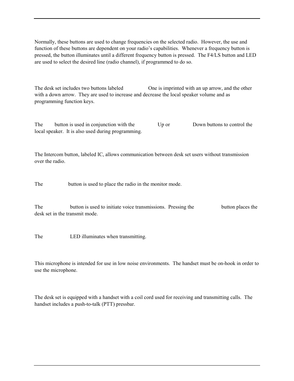 F1, f2, f3, and f4/ls frequency buttons, Volume buttons, Control button | Intercom button, Monitor button, Transmit button, Transmit led, Internal microphone, Handset | GAI-Tronics ITR1000-001 Model ITR1000-001 Basic Tone Remote Deskset with Line Select User and Installation Manual User Manual | Page 9 / 40