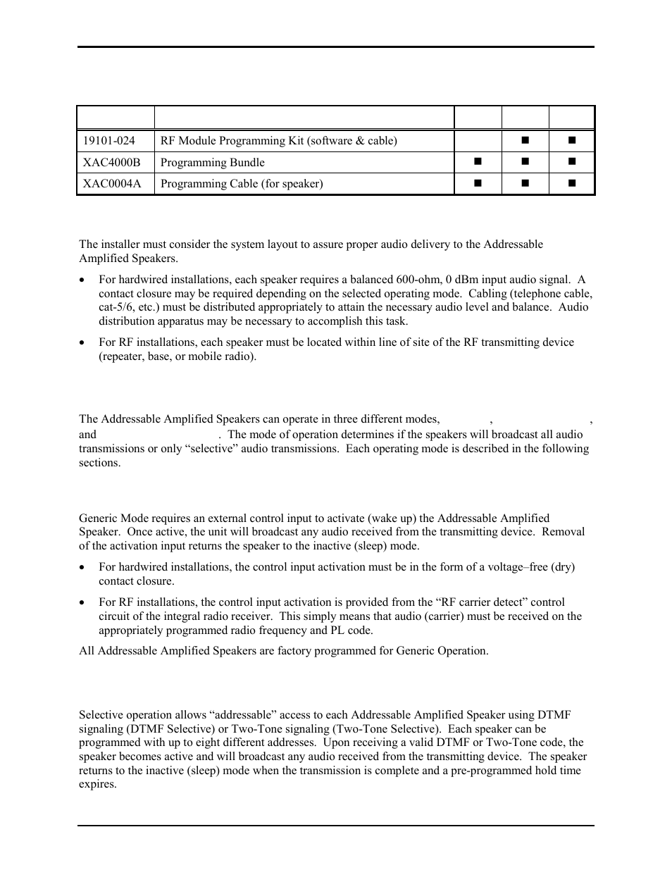 Programming software and cable, System layout considerations, Operating modes | Generic operation, Dtmf selective operation | GAI-Tronics 13363 Addressable Amplified Speakers Installation and Operation Manual User Manual | Page 16 / 57