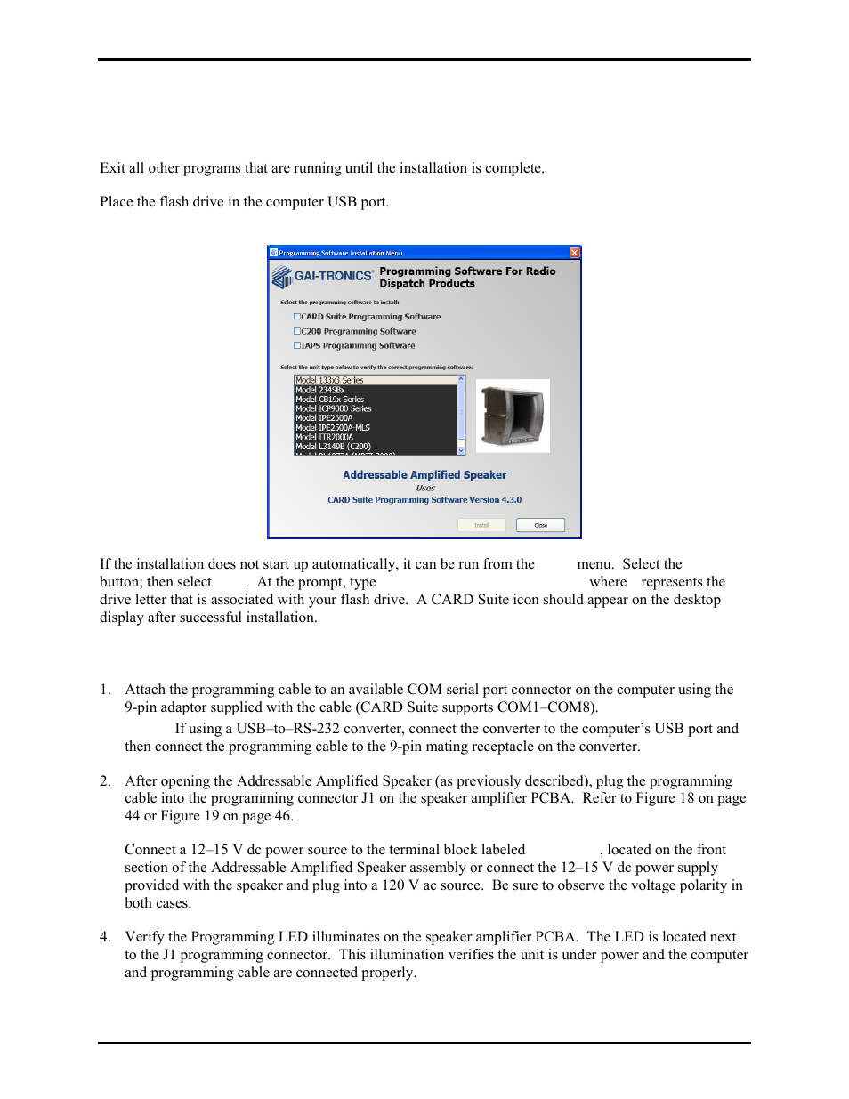 Card suite software, Installation, Connecting the programming cable | GAI-Tronics 13363 Addressable Amplified Speakers Installation and Operation Manual User Manual | Page 22 / 57