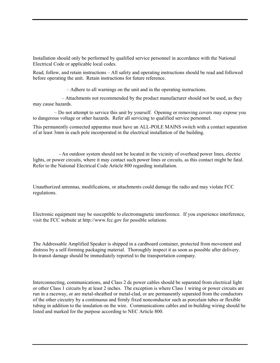 Installation, Safety and general information, Outdoor installation product | Antenna care, Electromagnetic interference/compatibility, Mechanical receipt inspection, Cable installation safety considerations | GAI-Tronics 13363 Addressable Amplified Speakers Installation and Operation Manual User Manual | Page 41 / 57
