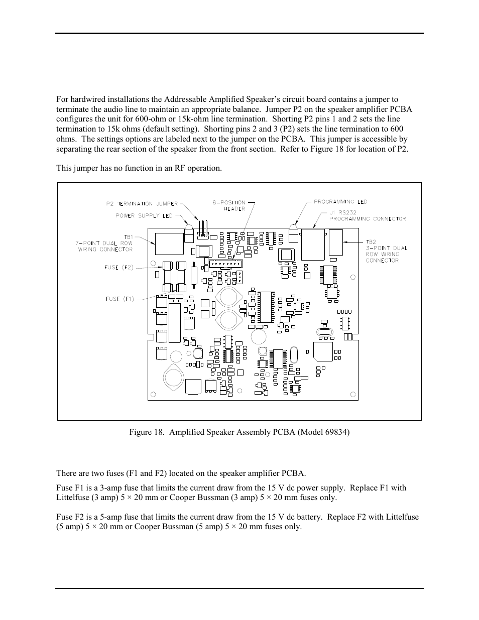 Hardware configuration, Audio line termination jumper, Fuses | GAI-Tronics 13363 Addressable Amplified Speakers Installation and Operation Manual User Manual | Page 49 / 57