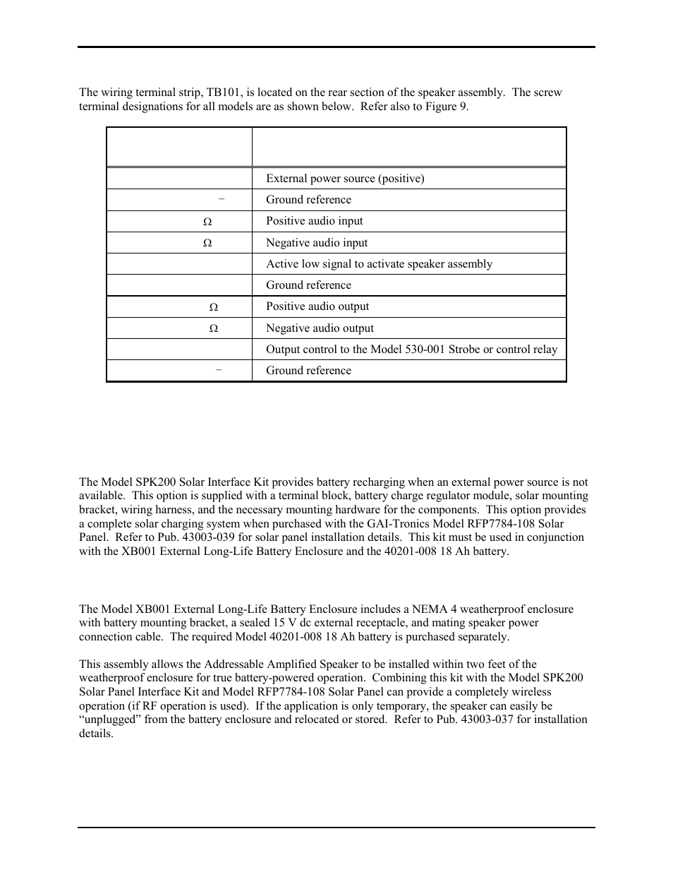 Terminal strip designations, Field installed options, Model spk200 solar interface kit | Model xb001 external long-life battery enclosure | GAI-Tronics 13363 Addressable Amplified Speakers Installation and Operation Manual User Manual | Page 53 / 57
