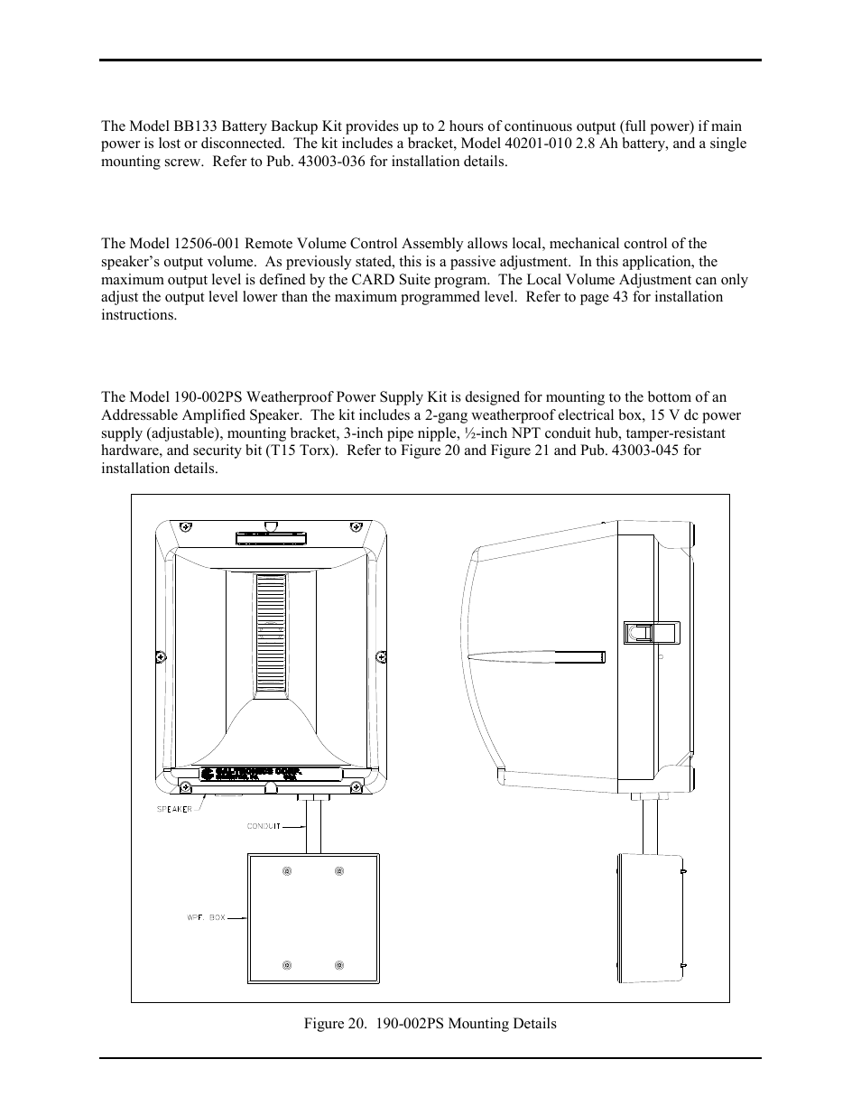 Model bb133 battery backup kit, Model 12506-001 remote volume control assembly, Model 190-002ps weatherproof power supply kit | GAI-Tronics 13363 Addressable Amplified Speakers Installation and Operation Manual User Manual | Page 54 / 57