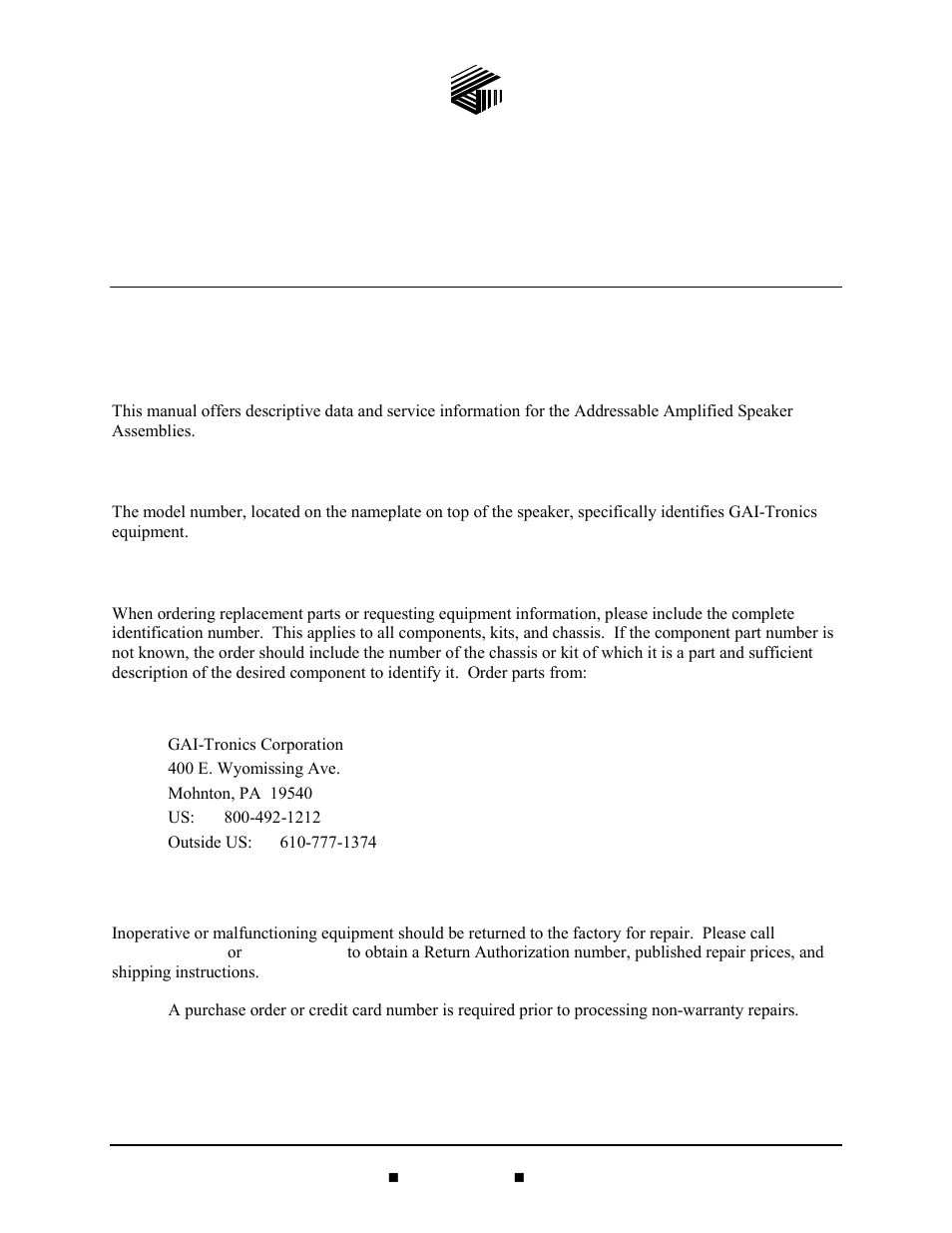 Foreword, Scope of manual, Nomenclature | Ordering replacement parts, Service and repair | GAI-Tronics 13363 Addressable Amplified Speakers Installation and Operation Manual User Manual | Page 6 / 57