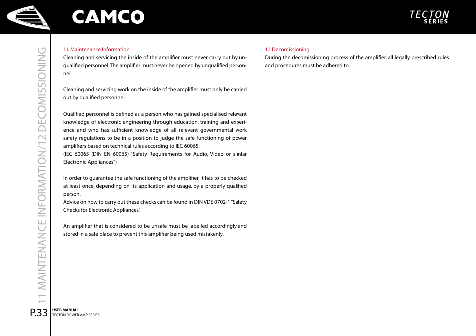 Maintenance informa tion/ 2 dec omissioning, P.33 | Camco P.5 Series User Manual | Page 35 / 38