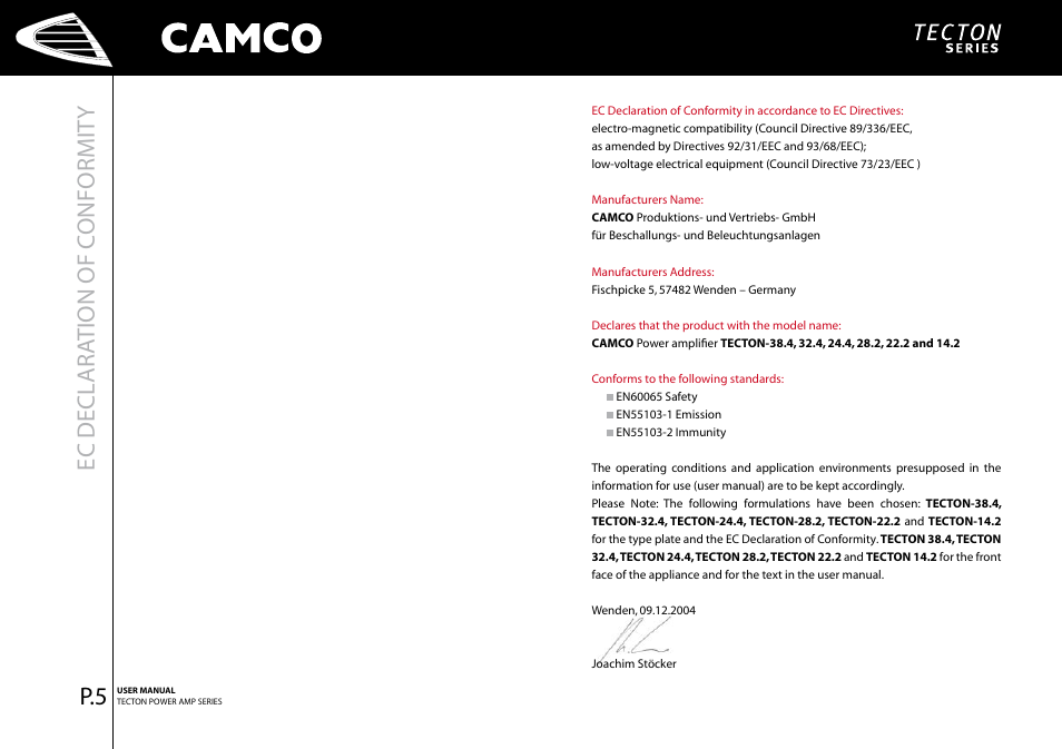 Ec decl ar ation of c onformit y | Camco P.5 Series User Manual | Page 7 / 38