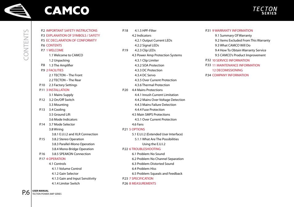 Content s | Camco P.5 Series User Manual | Page 8 / 38
