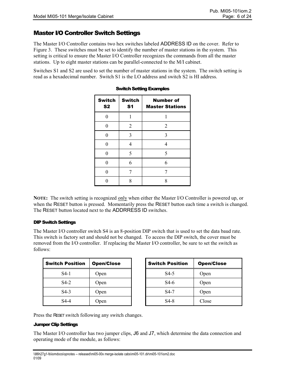 Master i/o controller switch settings | GAI-Tronics MI05-101 Merge / Isolate Cabinet with External Option User Manual | Page 6 / 24
