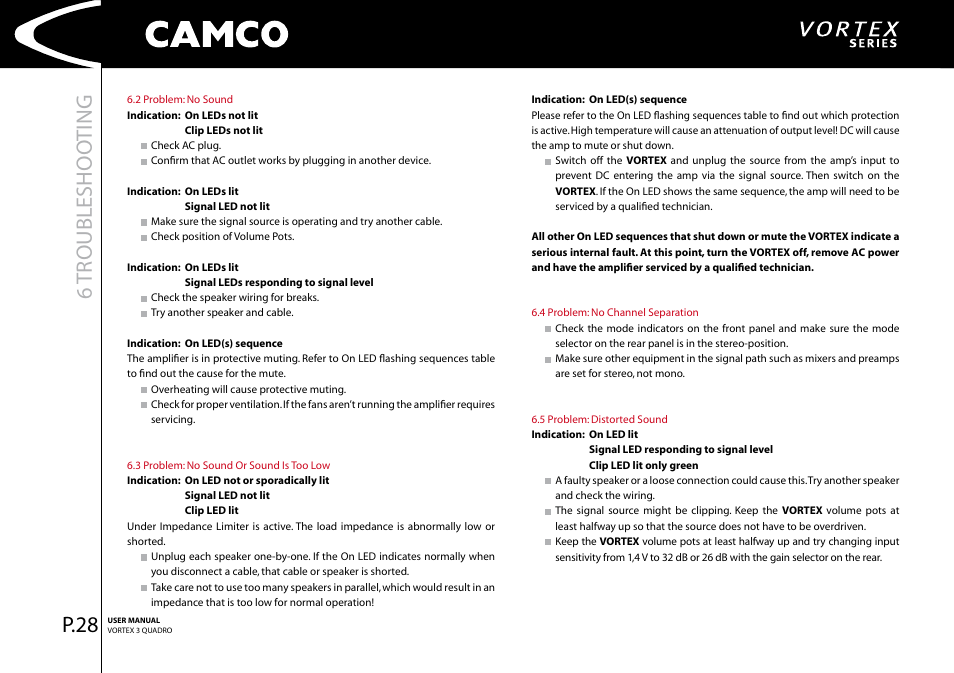 6tr oubleshoo ting, P.28 | Camco Amplifier User Manual | Page 30 / 44