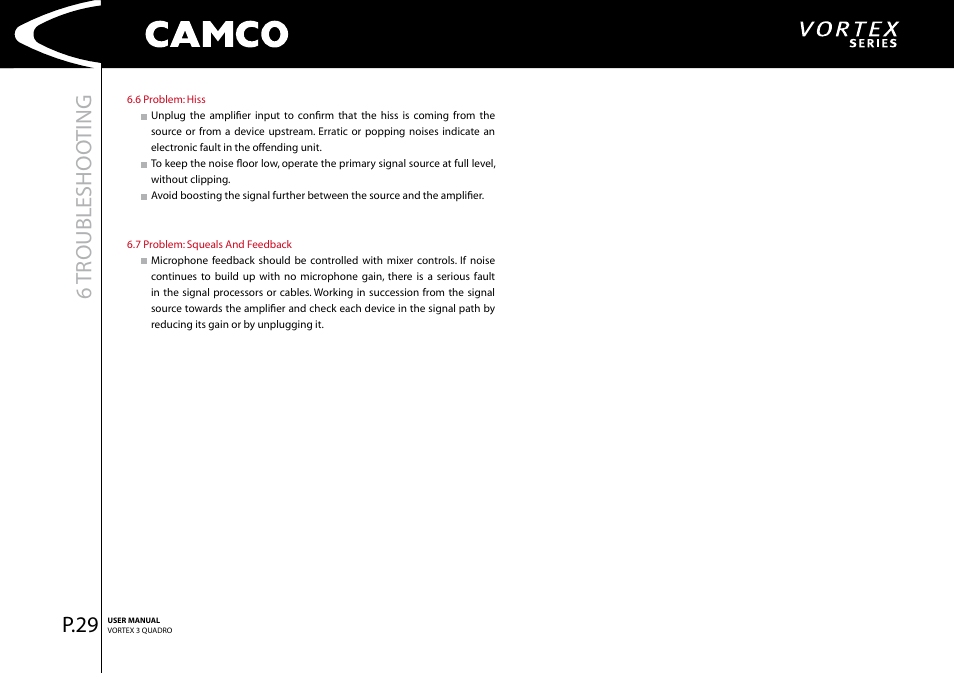 6tr oubleshoo ting, P.29 | Camco Amplifier User Manual | Page 31 / 44