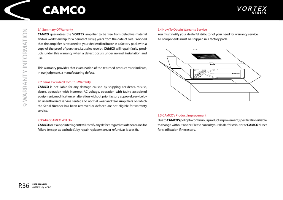 9w arr ant y informa tion, P.36 | Camco Amplifier User Manual | Page 38 / 44