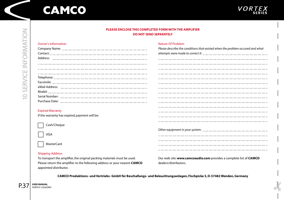 0 ser vice informa tion, P.37 | Camco Amplifier User Manual | Page 39 / 44