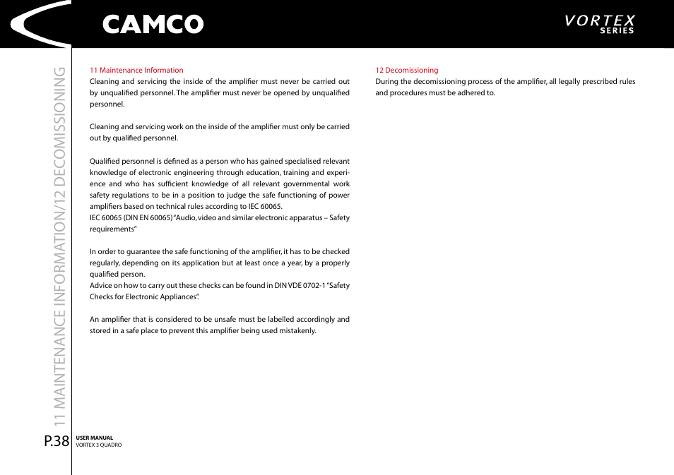 Maintenance informa tion/ 2 dec omissioning, P.38 | Camco Amplifier User Manual | Page 40 / 44