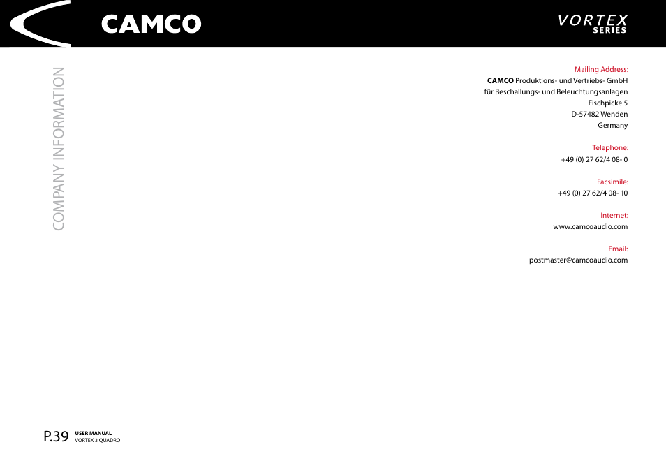 Comp any informa tion, P.39 | Camco Amplifier User Manual | Page 41 / 44