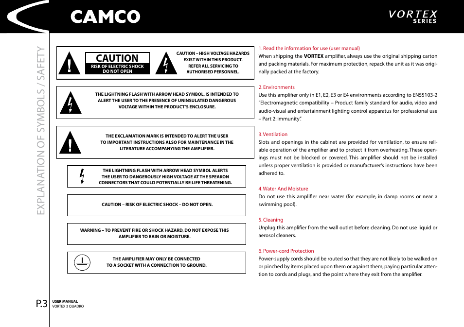 Expl ana tion of symbols / safet y, Caution | Camco Amplifier User Manual | Page 5 / 44