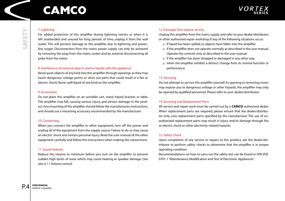 Safet y | Camco Amplifier User Manual | Page 6 / 44