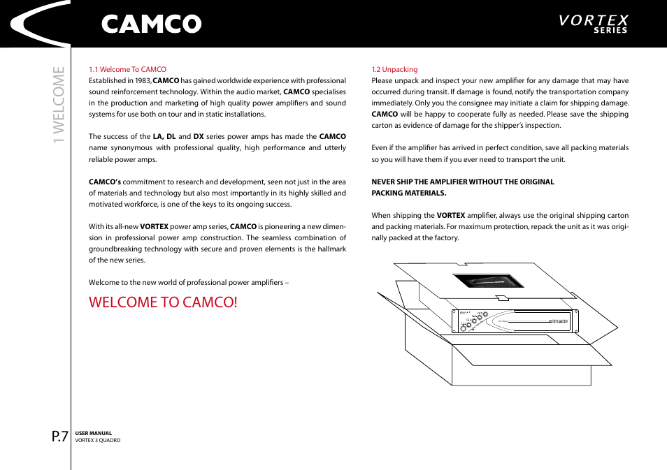 Wel c ome, Welcome to camco | Camco Amplifier User Manual | Page 9 / 44