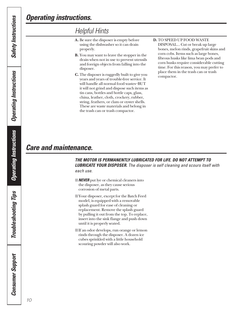 Helpful hints, Operating instructions. care and maintenance | Camco GFB762F User Manual | Page 10 / 12