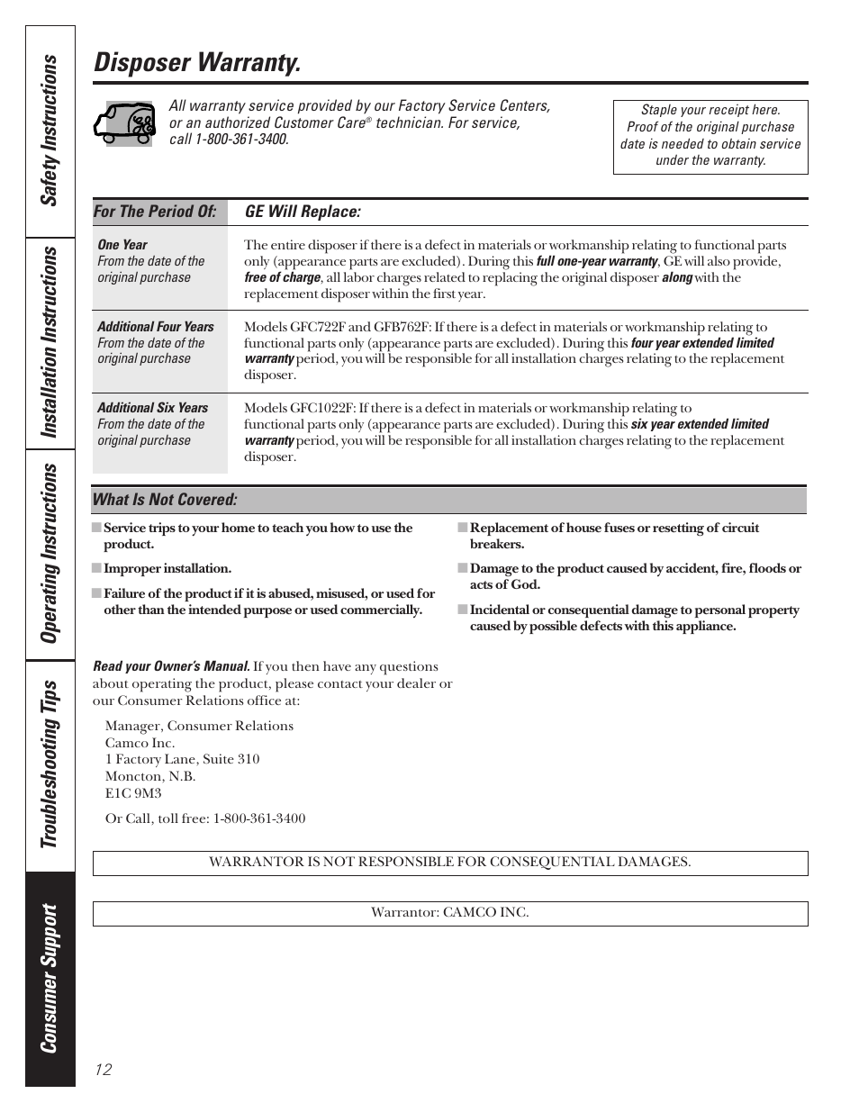 Disposer warranty | Camco GFB762F User Manual | Page 12 / 12