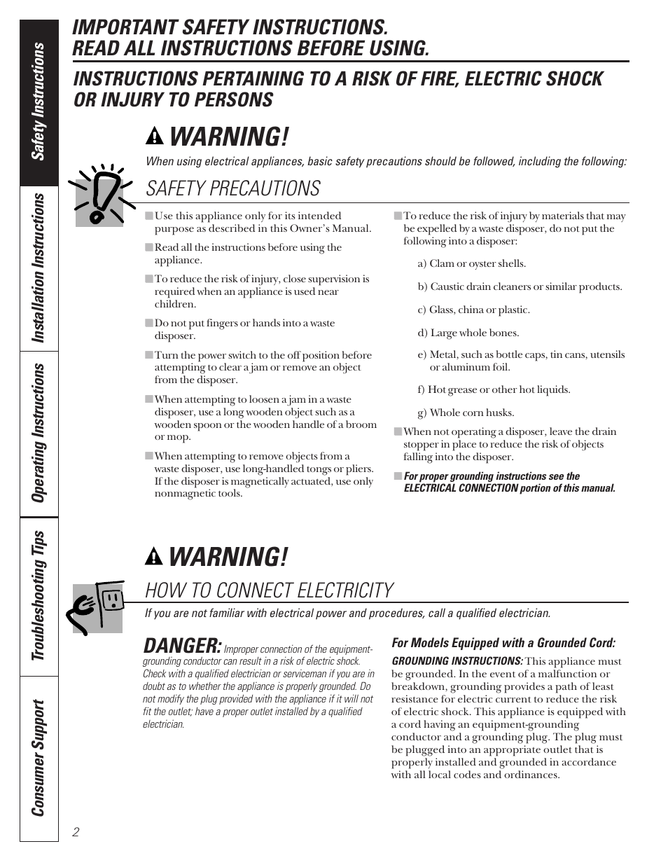 Warning, Safety precautions, How to connect electricity | Danger | Camco GFB762F User Manual | Page 2 / 12