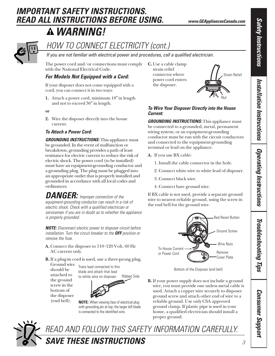 Warning, Danger, How to connect electricity (cont.) | Camco GFB762F User Manual | Page 3 / 12