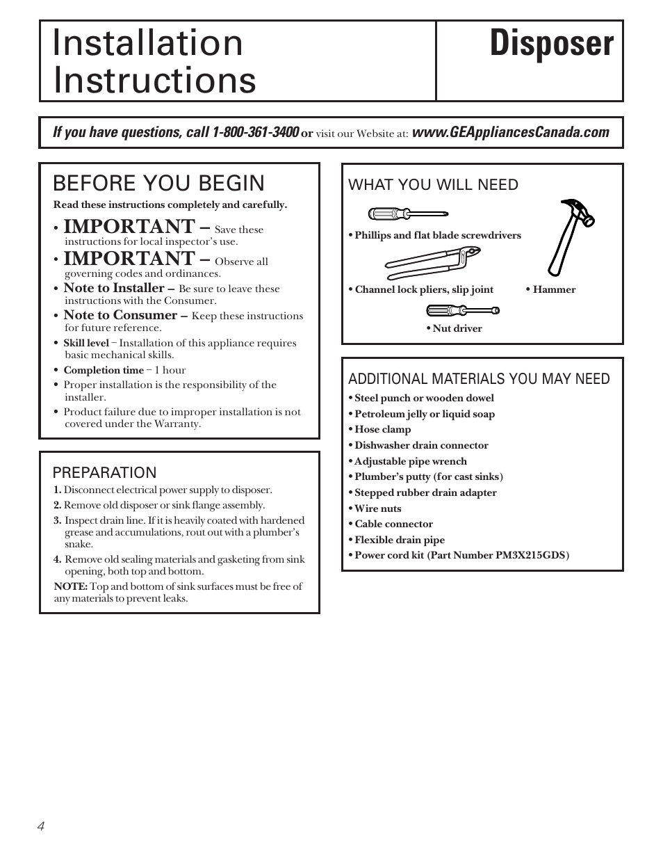Installation disposer instructions, Before you begin, Important | Camco GFB762F User Manual | Page 4 / 12