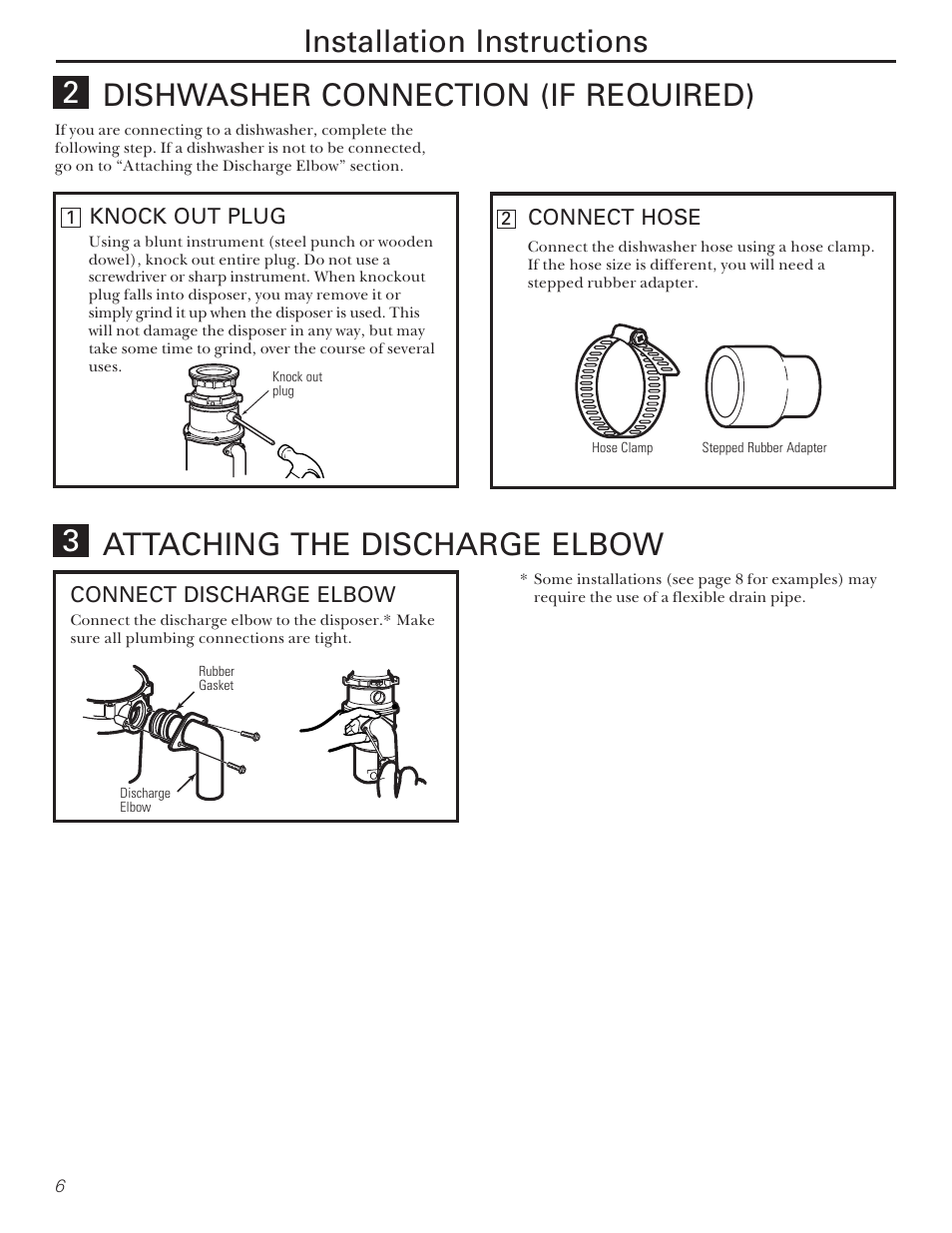 Installation instructions, Dishwasher connection (if required), Attaching the discharge elbow 3 | Camco GFB762F User Manual | Page 6 / 12