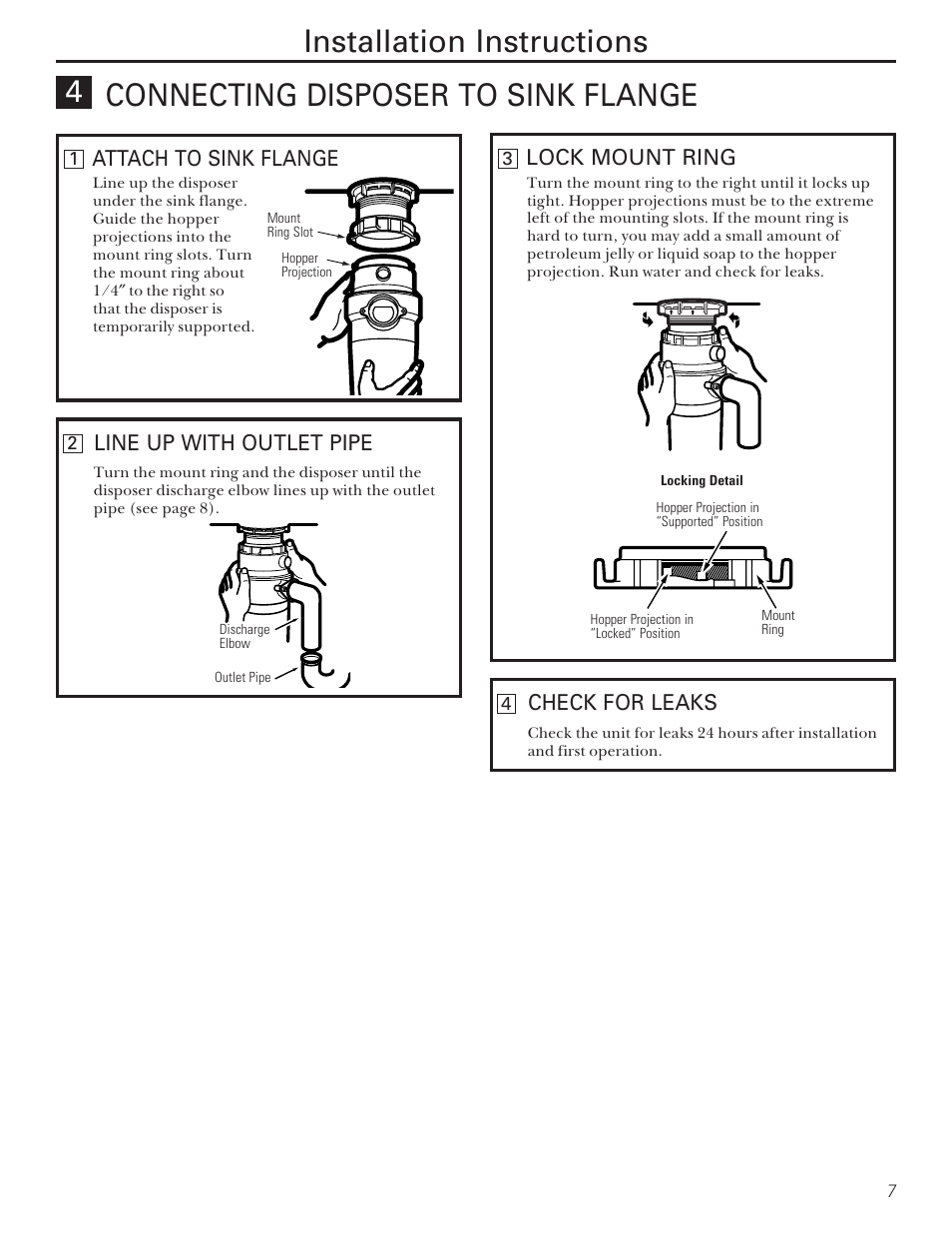 Installation instructions, Connecting disposer to sink flange 4, Lock mount ring | Check for leaks, Line up with outlet pipe, Attach to sink flange | Camco GFB762F User Manual | Page 7 / 12