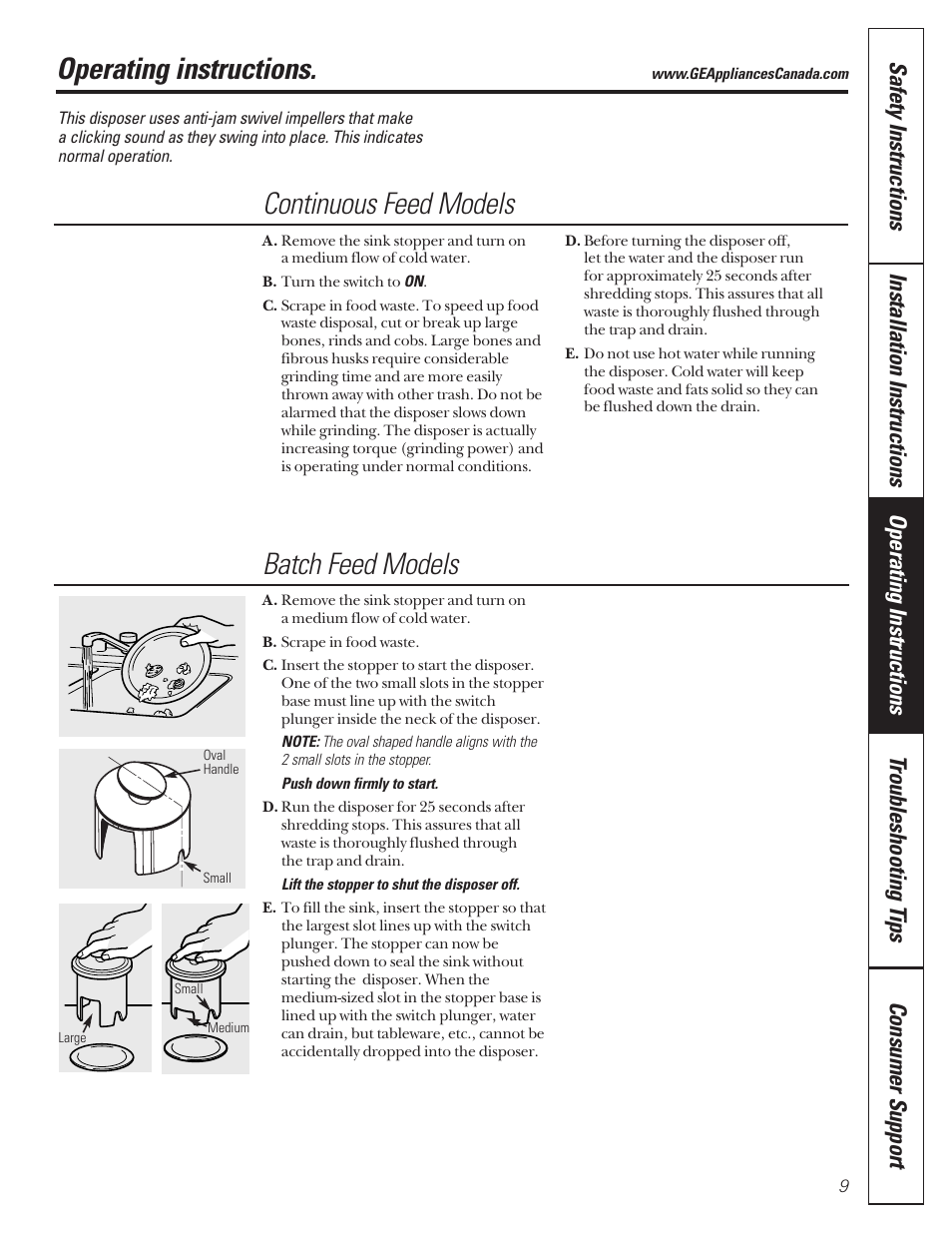 Operating instructions, Continuous feed models, Batch feed models | Camco GFB762F User Manual | Page 9 / 12