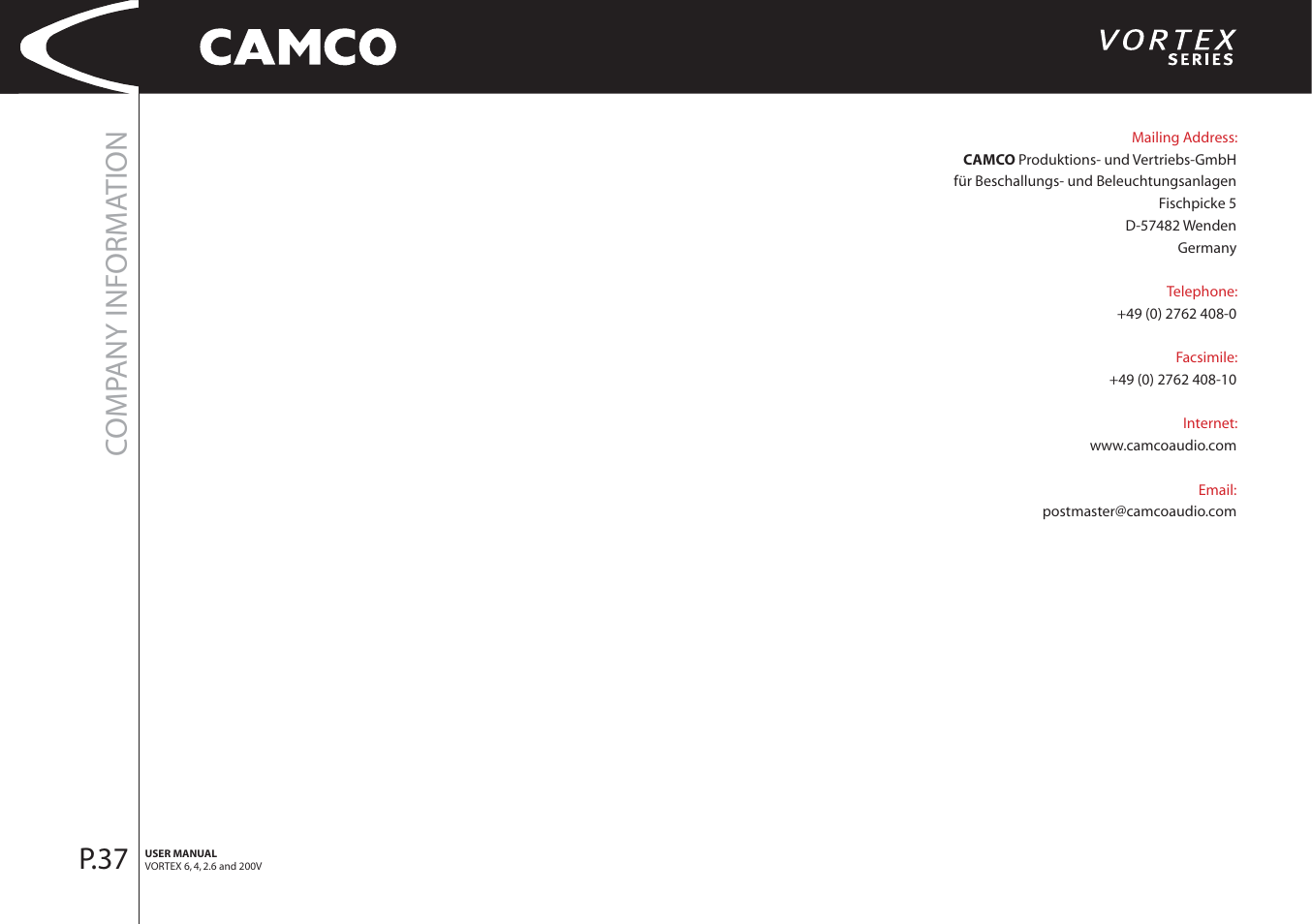 Comp any informa tion, P.37 | Camco 32 dB User Manual | Page 38 / 40