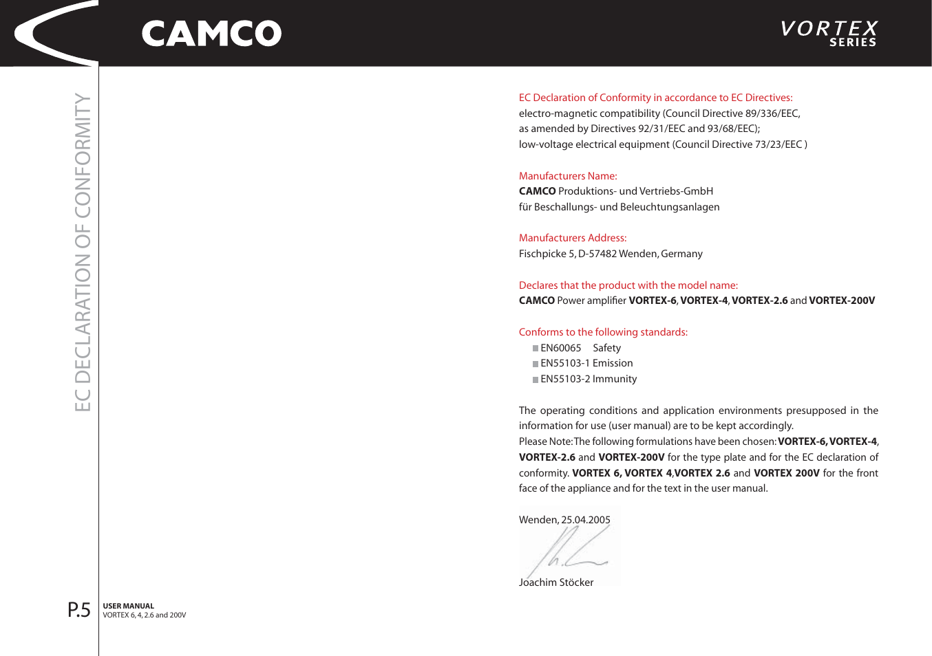 Ec declara tion of c onformit y | Camco 32 dB User Manual | Page 6 / 40
