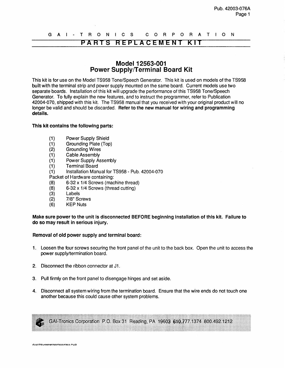 GAI-Tronics 12563-001 Cable Assembly, Power Supply &Term. PCBA for Model TS958 User Manual | 4 pages