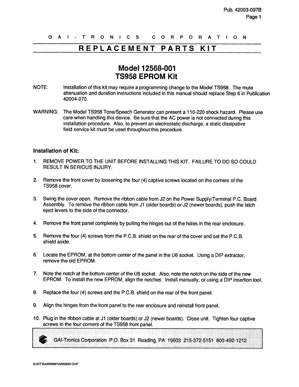 GAI-Tronics 12568-001 220 VAC Upgrade for TS958 User Manual | 4 pages