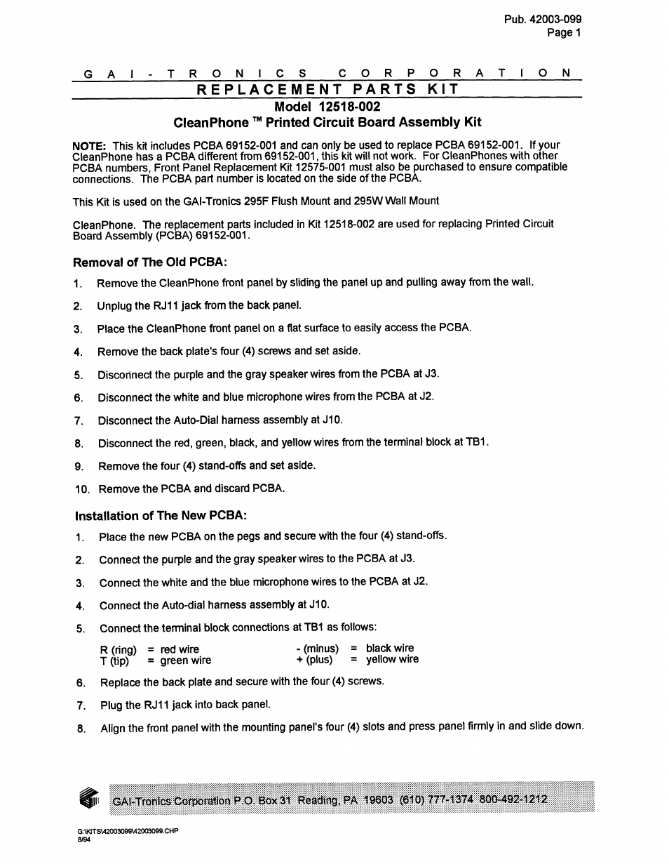 GAI-Tronics 12518-002 PCBA Replacement for Clean Phone User Manual | 2 pages