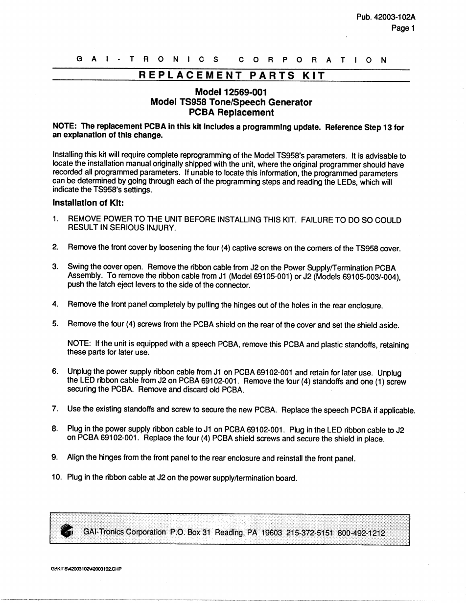 GAI-Tronics 12569-001 Replacement Kit (PCBA) for TS958 User Manual | 4 pages