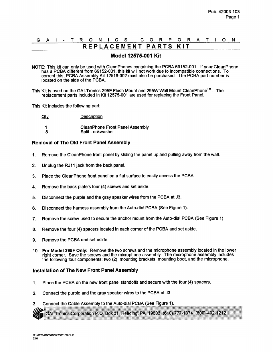 GAI-Tronics 12575-001 Clean Phone Front Panel Kit User Manual | 3 pages