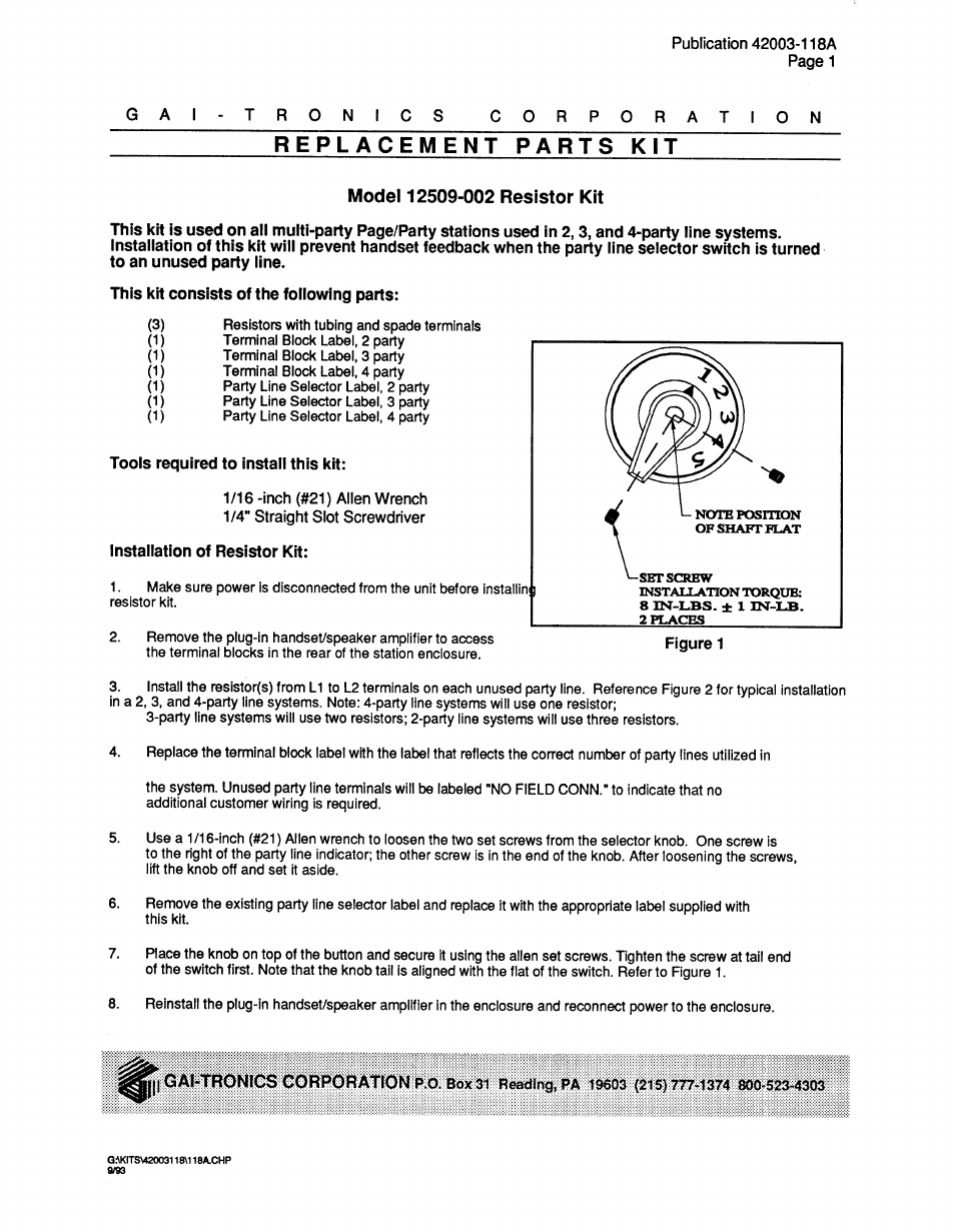 GAI-Tronics 12509-002 Resistor Kit for 2, 3, and 4 Party Line option User Manual | 2 pages