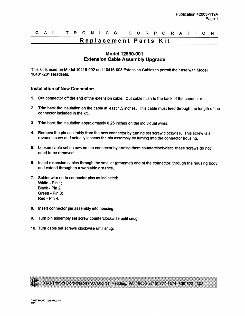 GAI-Tronics 12590-001 Extension Cable Connector Upgrade Kit (Page/Party Headset) User Manual | 2 pages