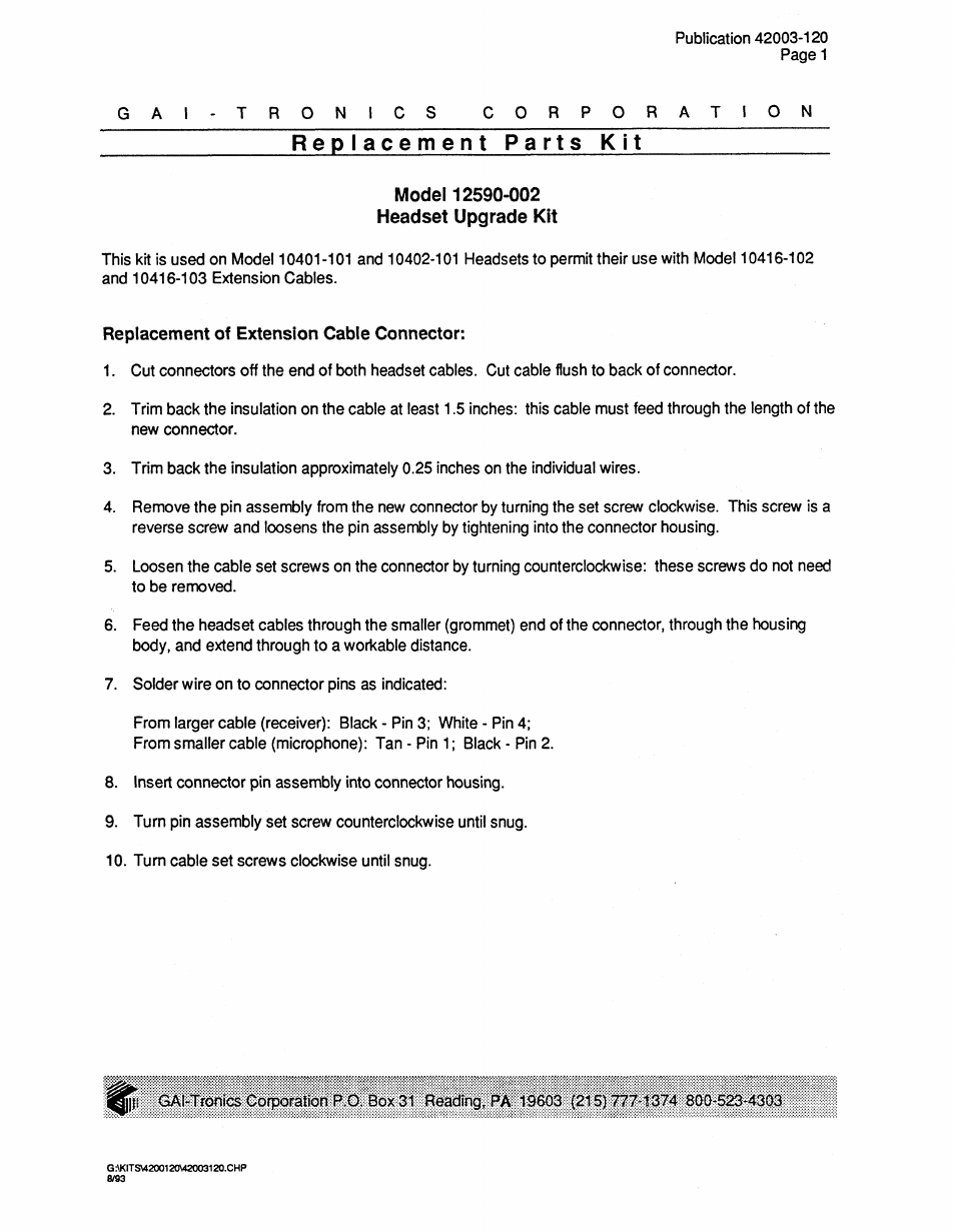 GAI-Tronics 12590-002 Headset Connector Upgrade Kit User Manual | 2 pages