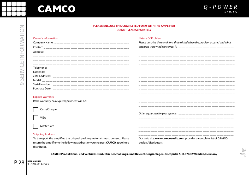 9 ser vice informa tion | Camco Q-Power 10 User Manual | Page 29 / 34