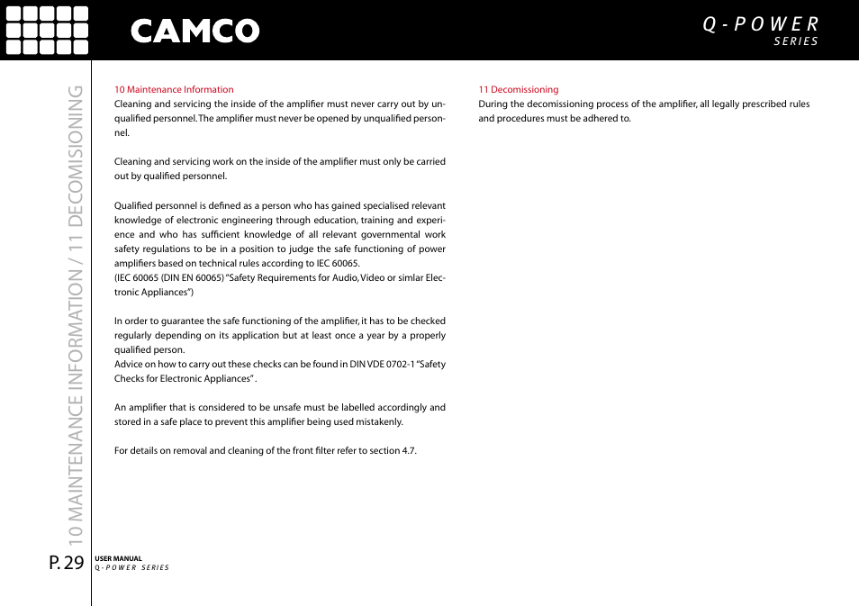 0 maintenance informa tion /  dec omisioning | Camco Q-Power 10 User Manual | Page 30 / 34