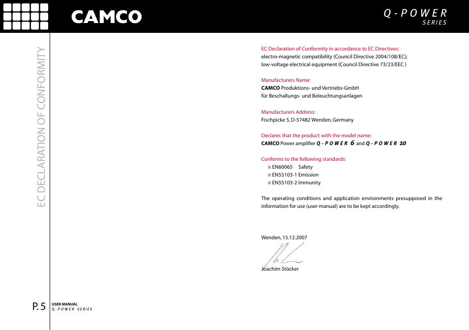 Ec decl ar ation of c onformit y | Camco Q-Power 10 User Manual | Page 6 / 34