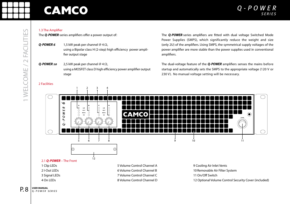 Wel c ome / 2 f a cilities | Camco Q-Power 10 User Manual | Page 9 / 34