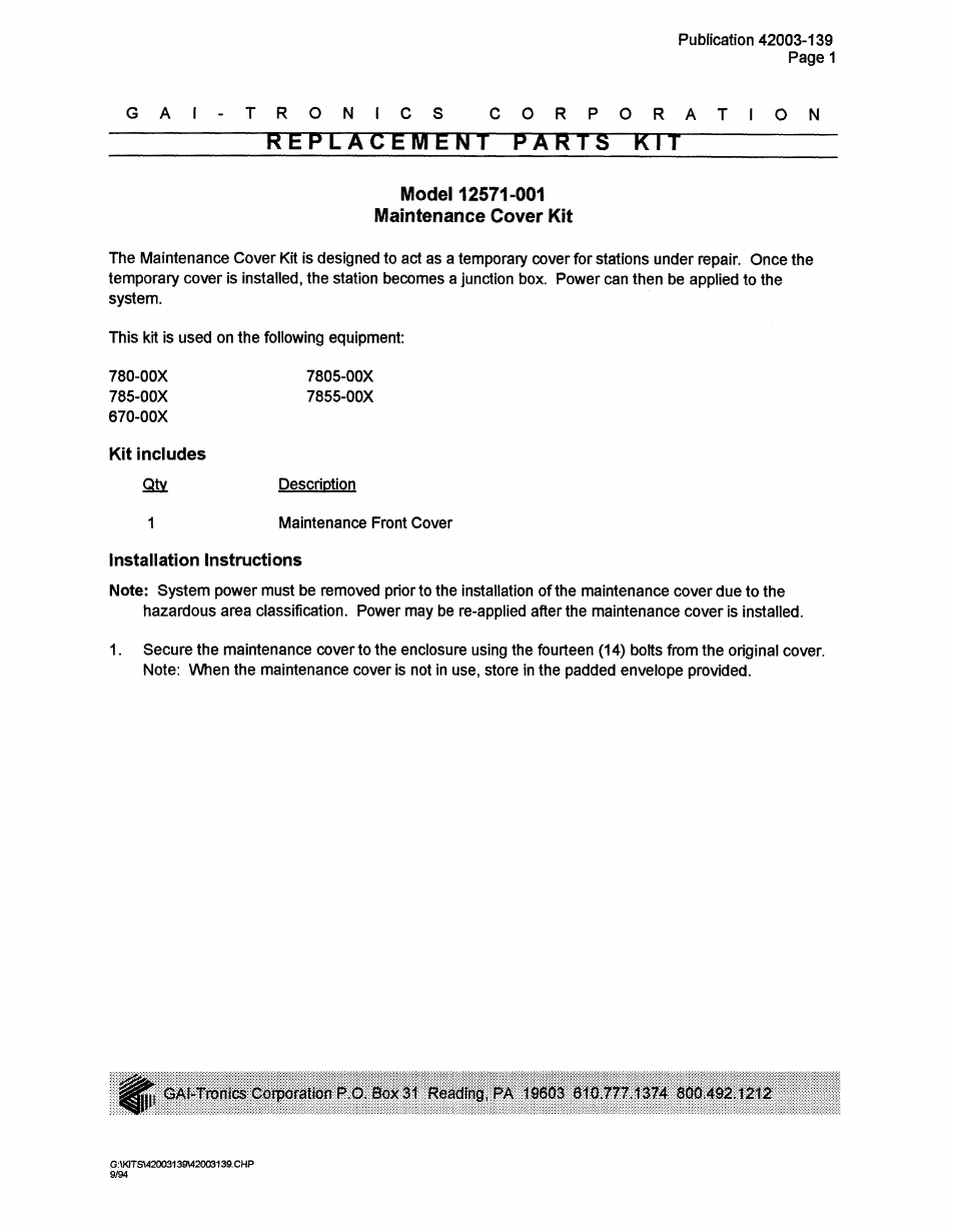 GAI-Tronics 12571-001 Div. 1 Mounting Cover Kit User Manual | 2 pages