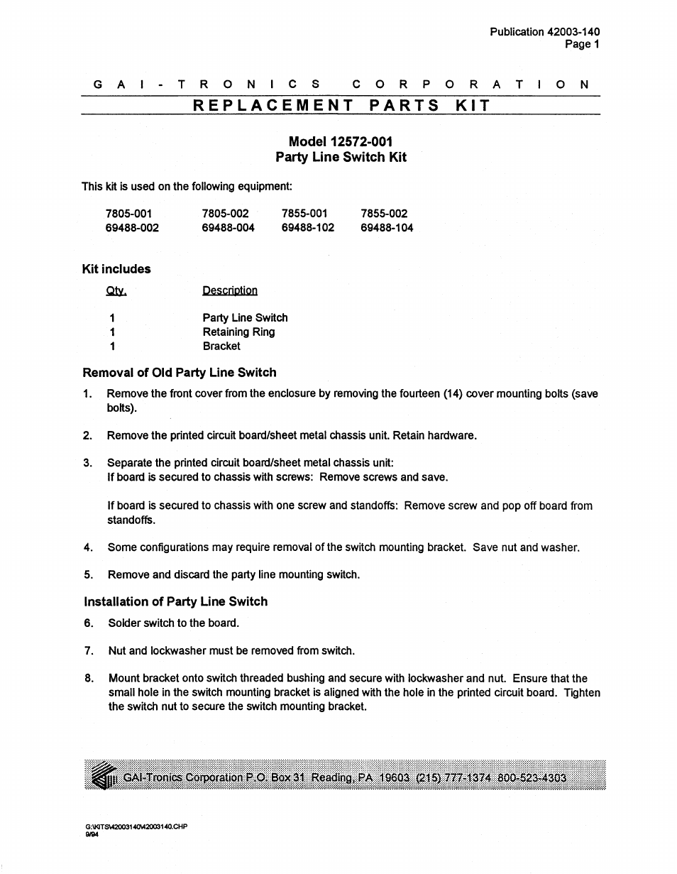 GAI-Tronics 12572-001 Div. 1 Party Line SW Kit User Manual | 2 pages