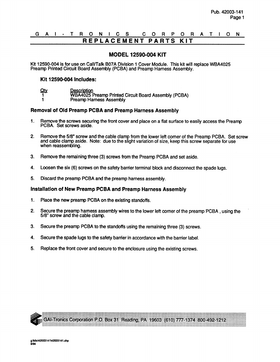GAI-Tronics 12590-004 B07A Preamp PCBA and Harness Assembly User Manual | 2 pages
