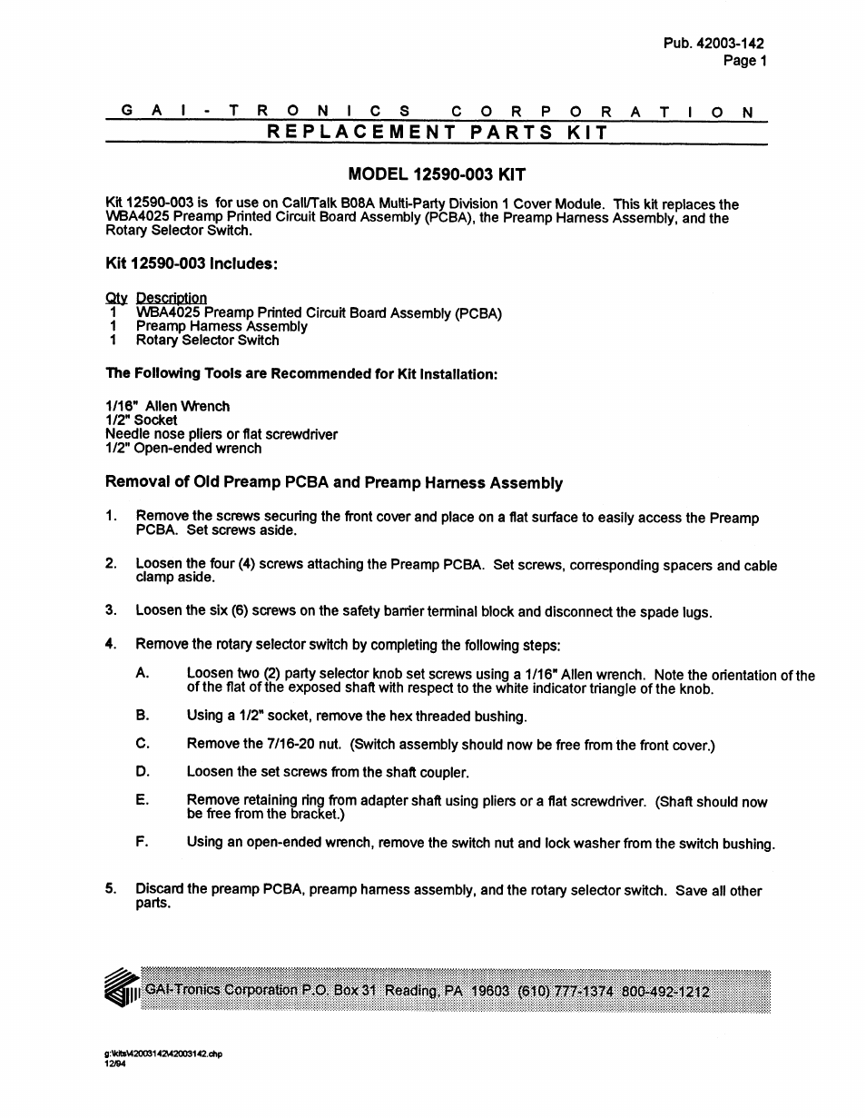 GAI-Tronics 12590-003 B08A Preamp PCBA, Harness Assembly, Rotary switch User Manual | 3 pages